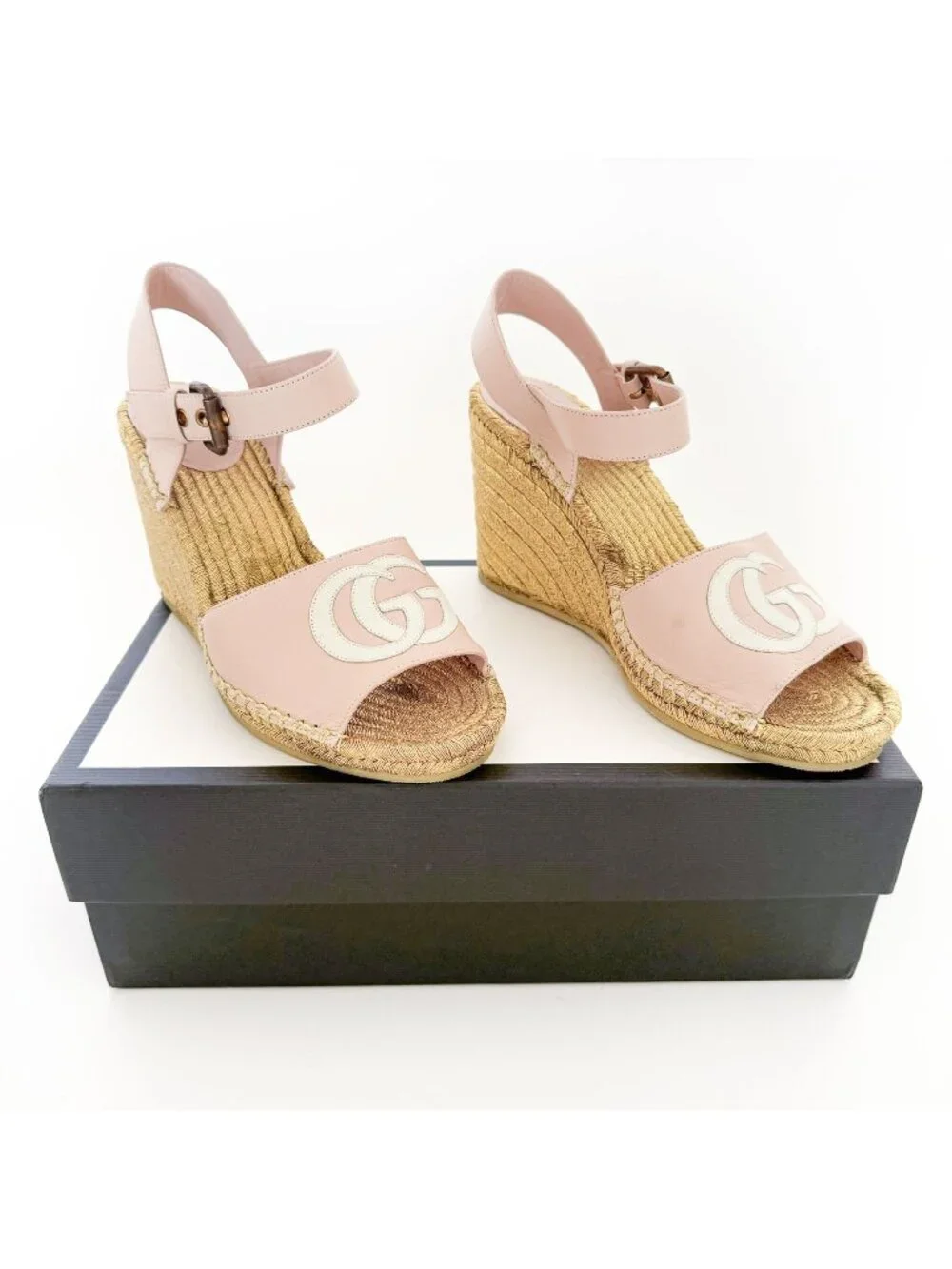 Gucci Flor GG Espadrille Wedge Sandals EU 39.5 US 9.5 Pink Gold Platform Heel